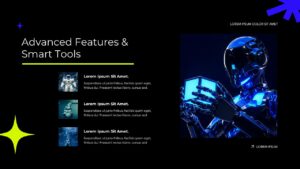 AI pitch deck advanced features slide with blue metallic robot, thumbnail images, and three-item feature list layout