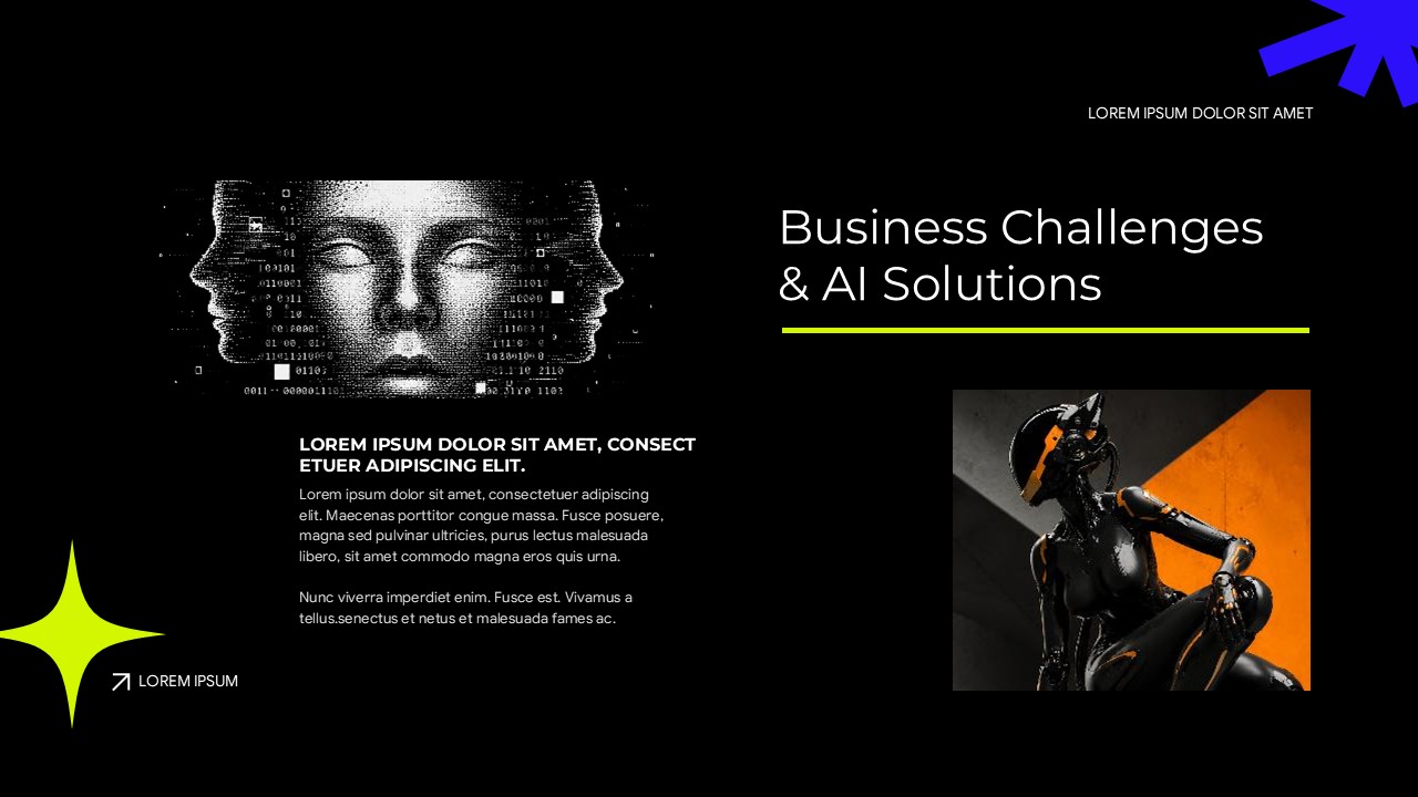 AI pitch deck business challenges and solutions slide with binary code face and android robot on dark background