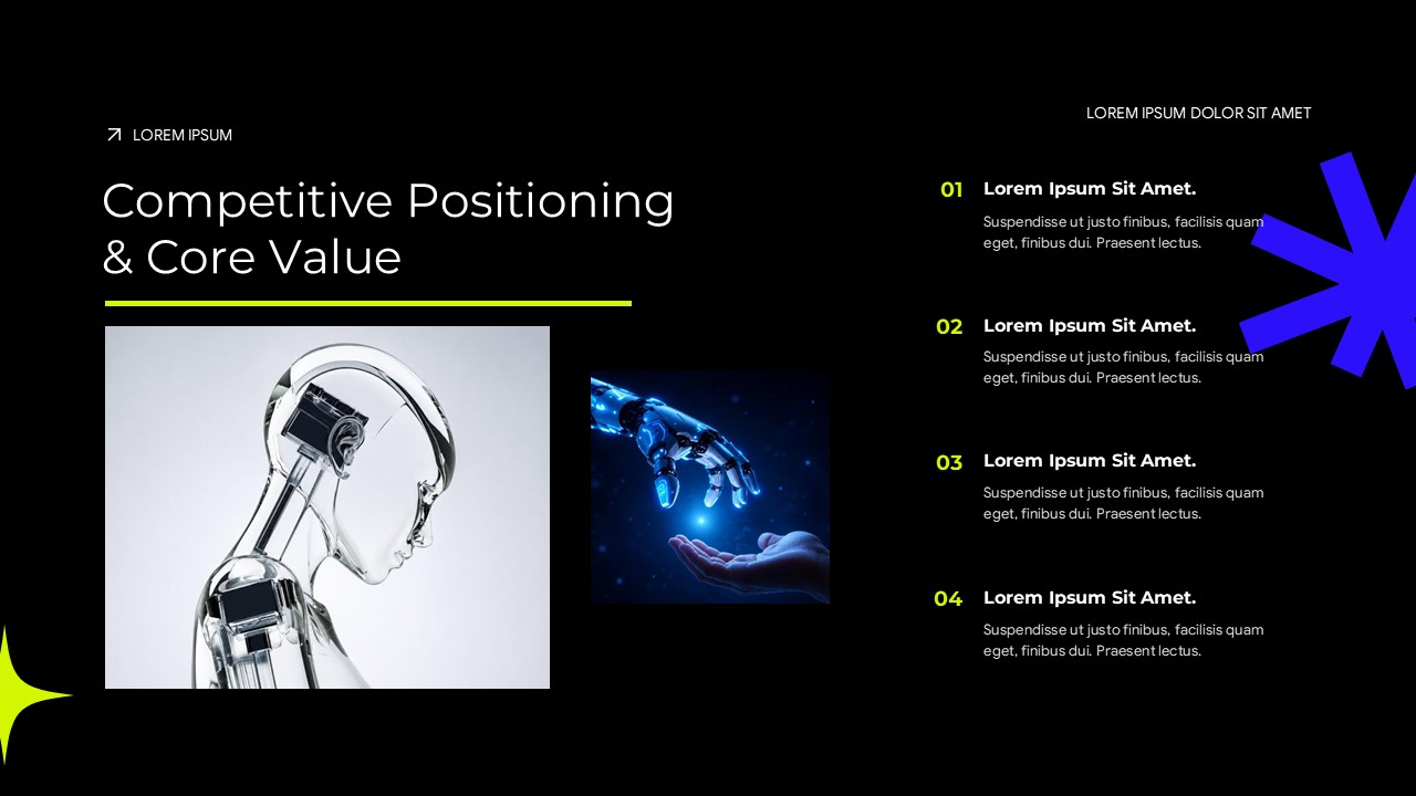 AI tech pitch deck competitive positioning slide with robot head imagery and four-point numbered value proposition list