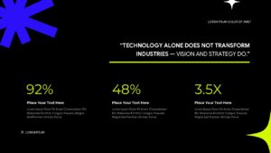 AI tech pitch deck statistics slide with bold quote and three neon yellow-green KPI metrics on dark background