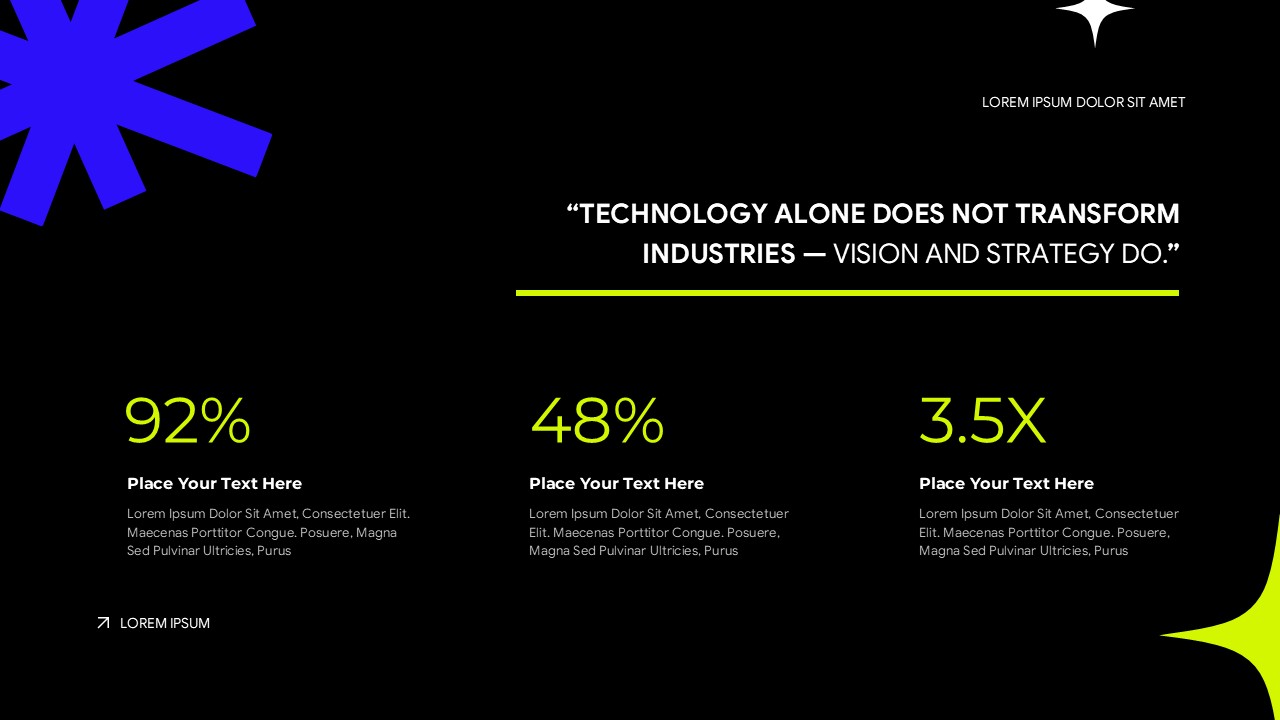 AI tech pitch deck statistics slide with bold quote and three neon yellow-green KPI metrics on dark background