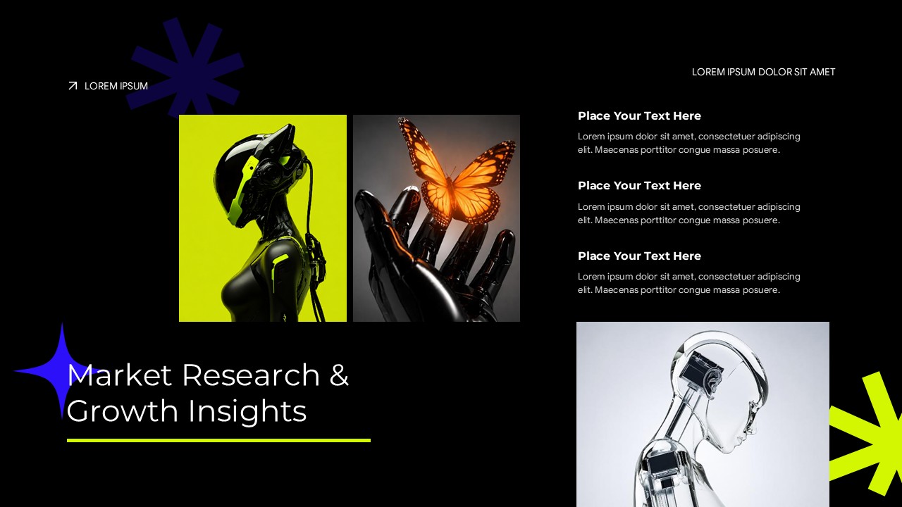 AI pitch deck market research slide with humanoid robot and robotic hand imagery on dark theme template