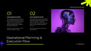 AI pitch deck operational planning slide with glass android head image and two numbered content sections