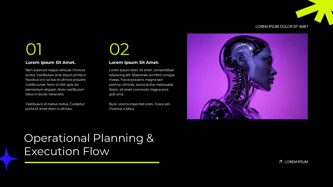 AI pitch deck operational planning slide with glass android head image and two numbered content sections