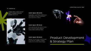 AI tech pitch deck product strategy slide with three-column layout, robot imagery, and abstract 3D digital art