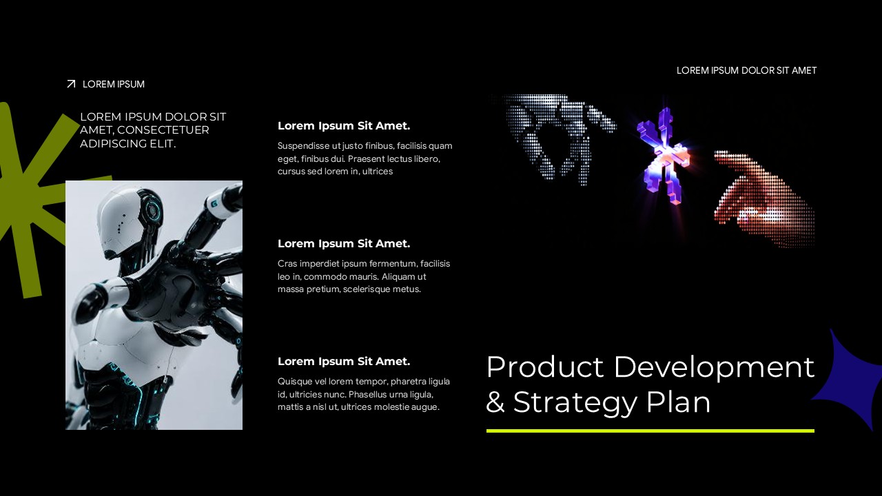 AI tech pitch deck product strategy slide with three-column layout, robot imagery, and abstract 3D digital art