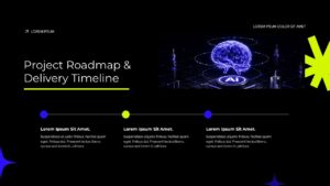 AI tech pitch deck project roadmap timeline slide with neural network brain hologram and three-phase milestone layout
