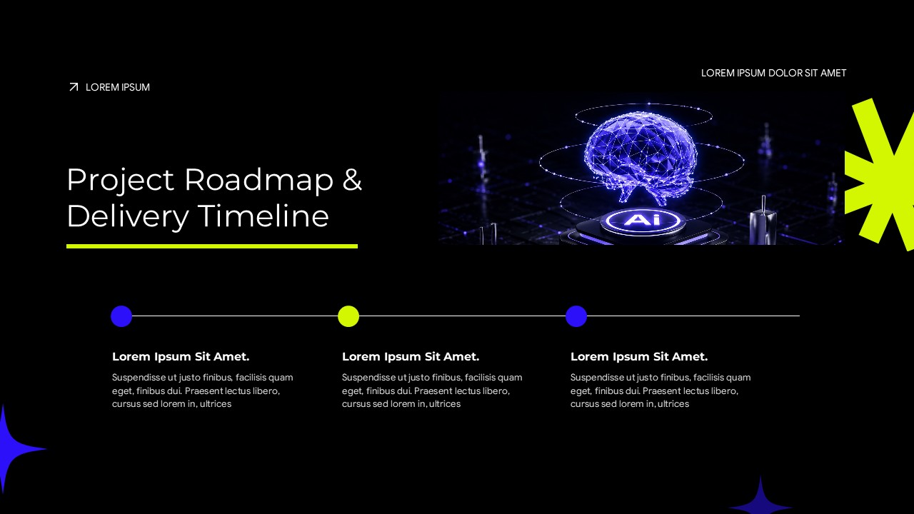 AI tech pitch deck project roadmap timeline slide with neural network brain hologram and three-phase milestone layout