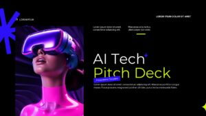 AI Tech Pitch Deck PowerPoint template cover slide with futuristic VR headset figure on dark background