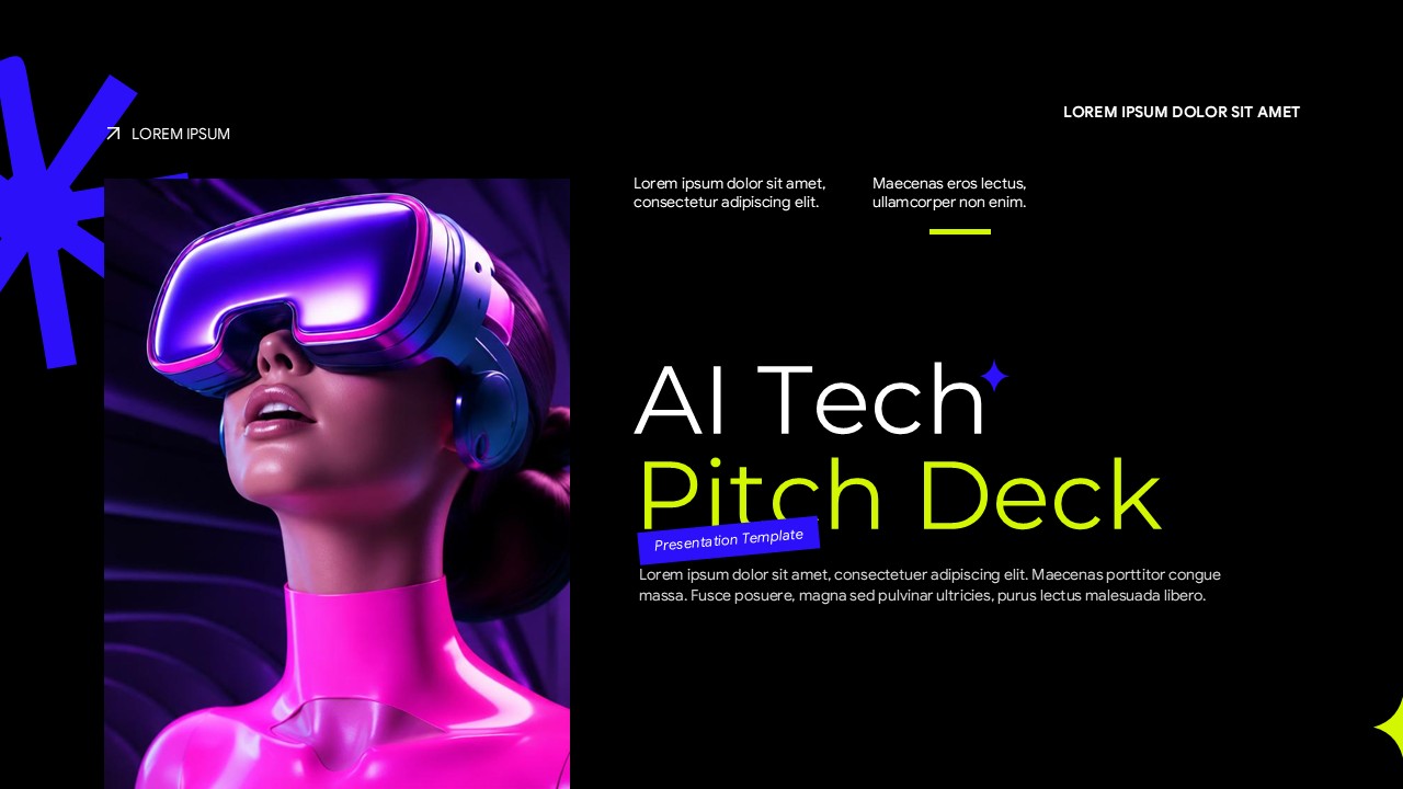 AI Tech Pitch Deck PowerPoint template cover slide with futuristic VR headset figure on dark background