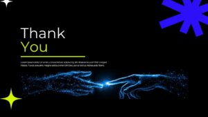 AI tech pitch deck thank you closing slide with glowing neural network hands and neon yellow-green typography