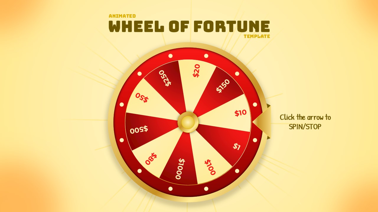 Animated Wheel of Fortune PowerPoint template with spinning prize wheel