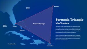 Bermuda Triangle map PowerPoint template with dark navy background and purple triangle overlay marking Florida, Bermuda, and Puerto Rico