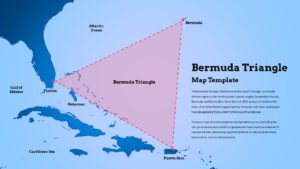Light-theme Bermuda Triangle map Google Slides template with sky blue background and pink triangle overlay for educational presentations