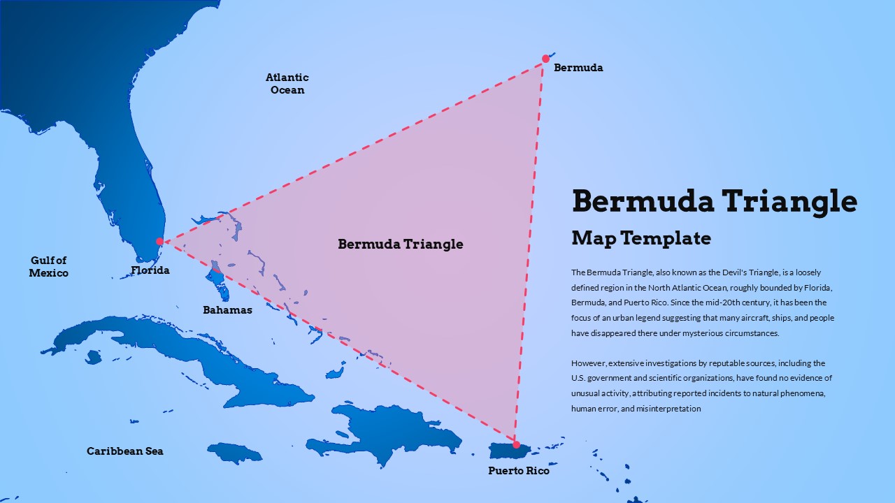 Light-theme Bermuda Triangle map Google Slides template with sky blue background and pink triangle overlay for educational presentations