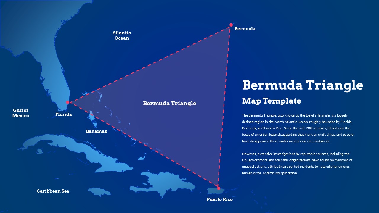 Bermuda Triangle map PowerPoint template with dark navy background and purple triangle overlay marking Florida, Bermuda, and Puerto Rico