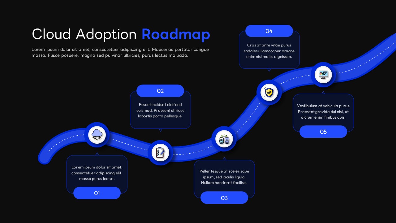 Dark mode cloud adoption roadmap slide with 5 milestone steps along a blue winding road for digital transformation presentations.