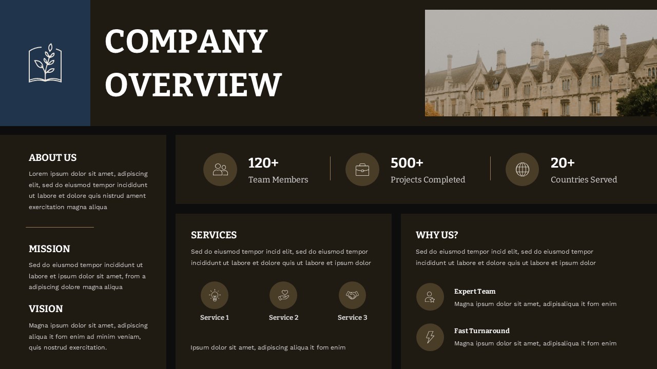Dark company overview slide - espresso brown background, white text, bronze icons, stats bar, services, Mission, Vision layout