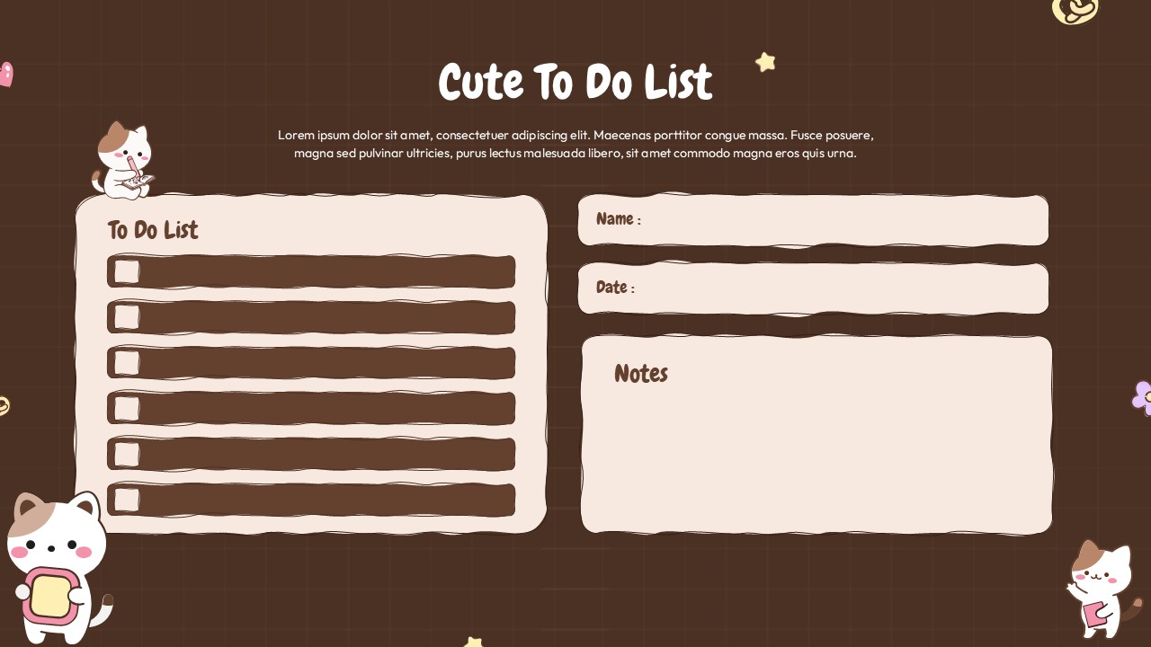 Dark mode kawaii to do list template with cat illustrations, brown theme