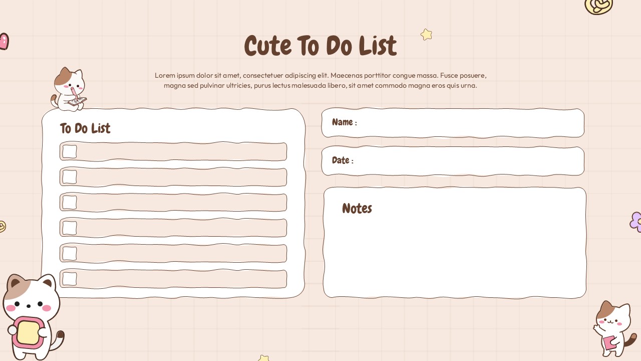Cute kawaii to do list template with cat illustrations, light beige theme