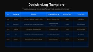 Dark mode decision log template with blue header table on black background