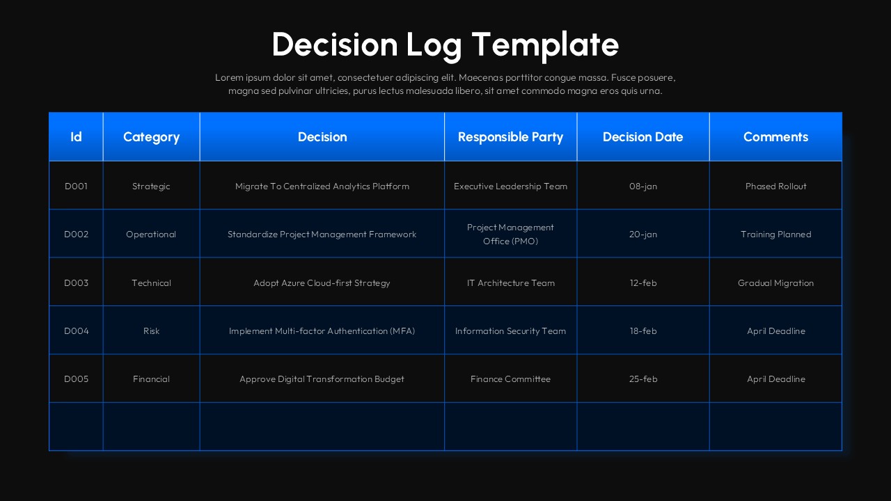 Dark mode decision log template with blue header table on black background