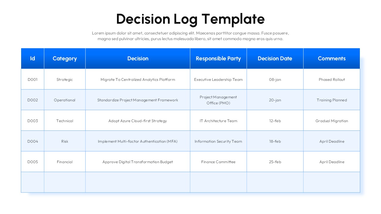Decision log PowerPoint template with blue header table on white background