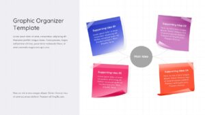 Graphic organizer slide - light theme spider diagram with 4 colorful sticky note cards connected to a central circle