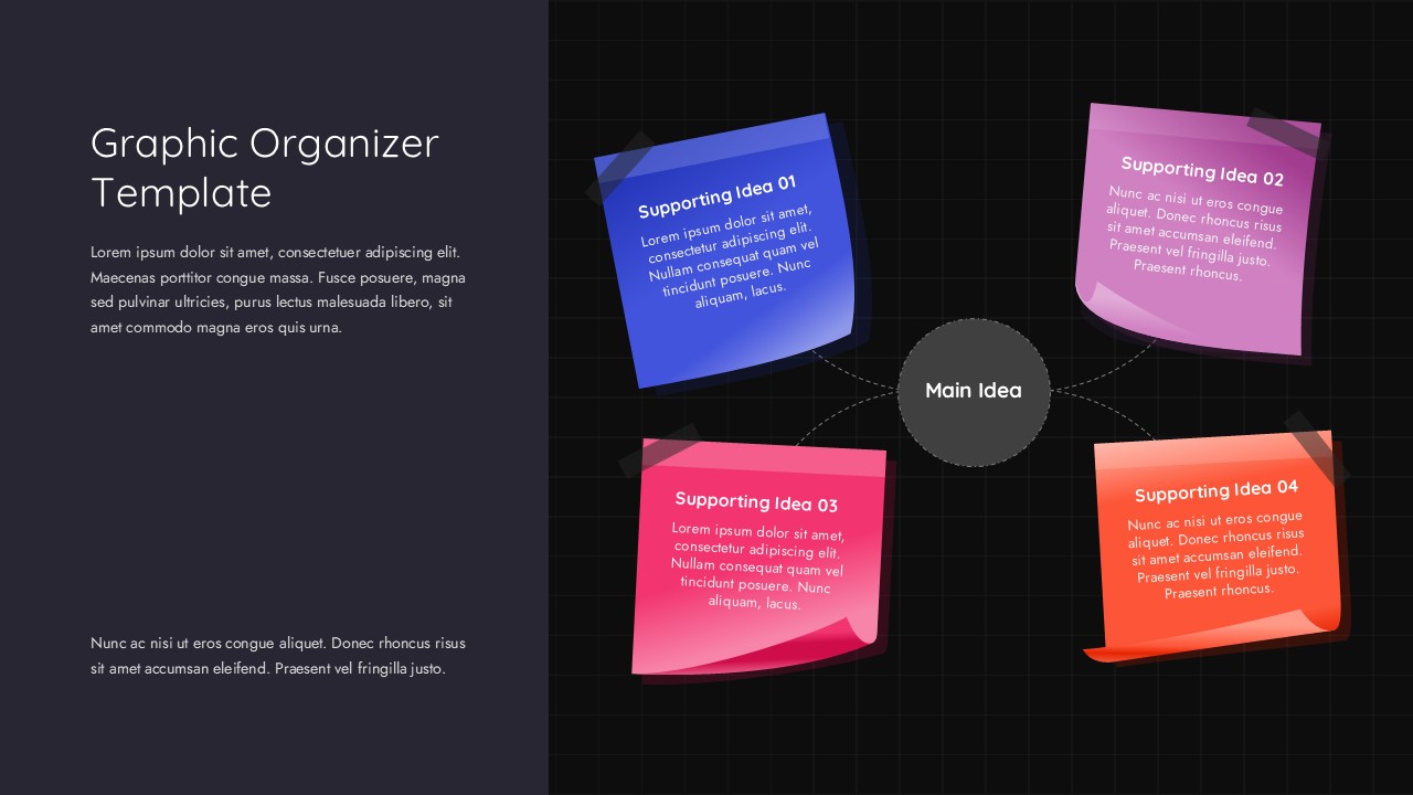 Graphic organizer slide - dark theme spider diagram with 4 colorful gradient sticky note cards on charcoal background