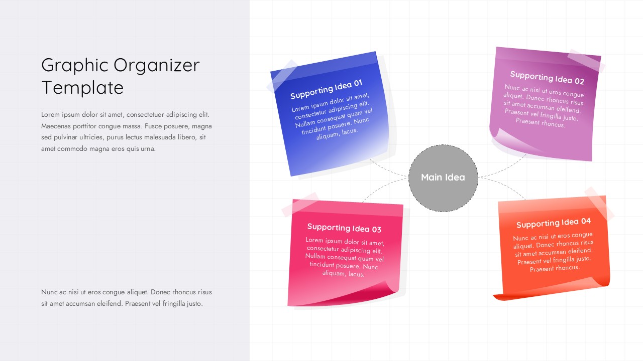 Graphic organizer slide - light theme spider diagram with 4 colorful sticky note cards connected to a central circle