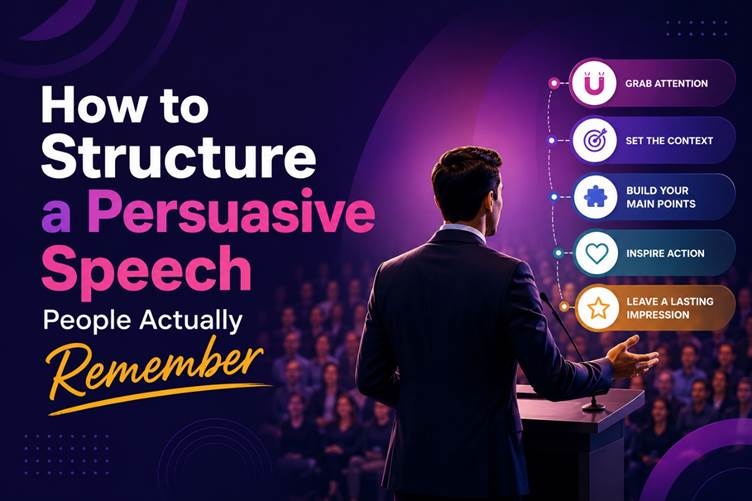 Speaker presenting a persuasive speech with a five-step framework: grab attention, set the context, build main points, inspire action, and leave a lasting impression.