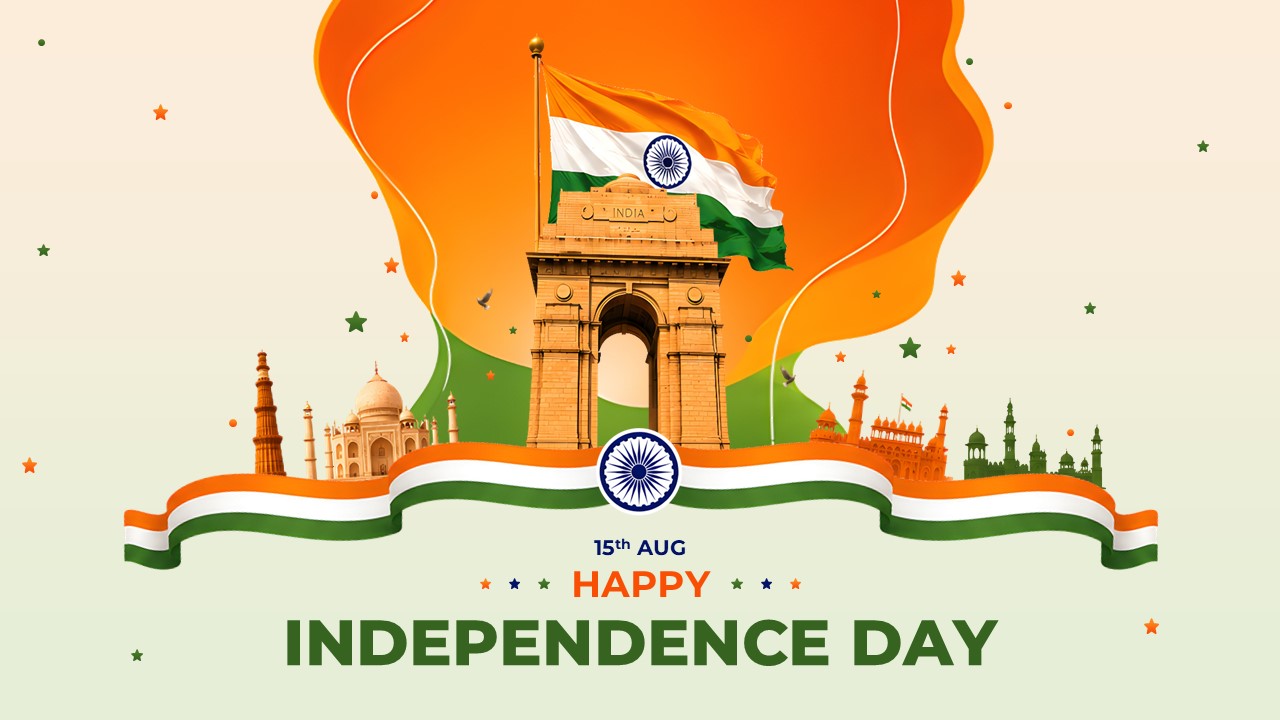 India Independence Day slide with India Gate, tricolor flag, and landmark silhouettes for August 15 celebrations.