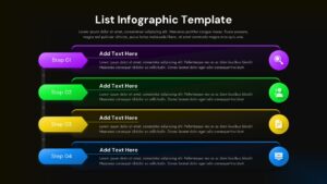 4-step list infographic template with colored icons on dark background