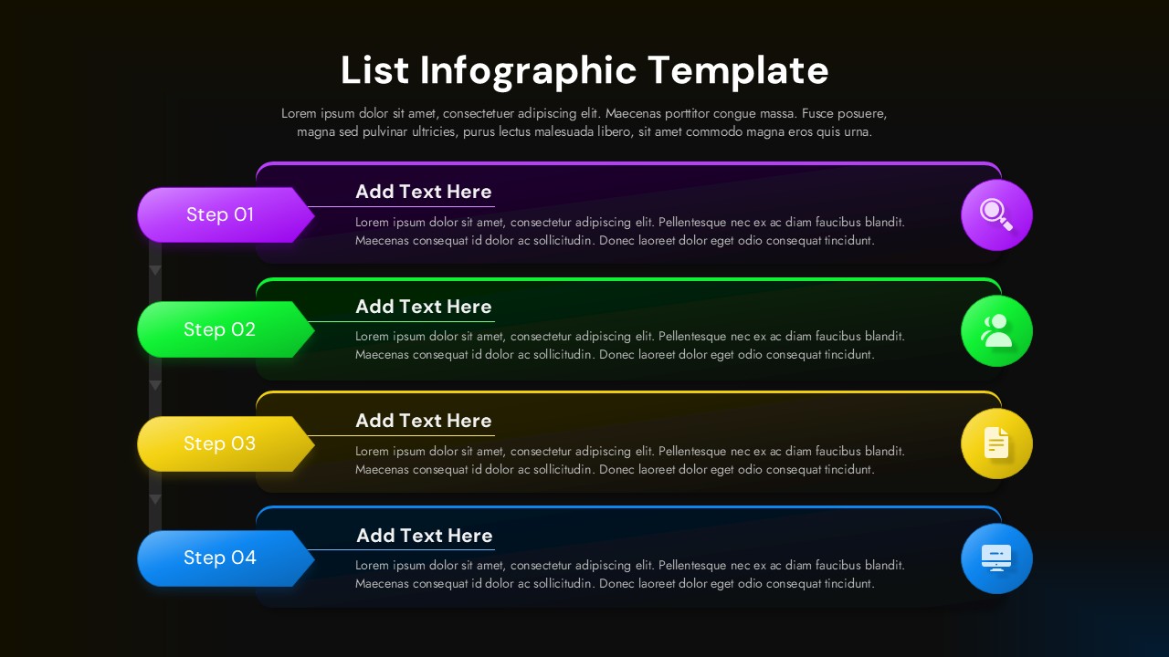4-step list infographic template with colored icons on dark background