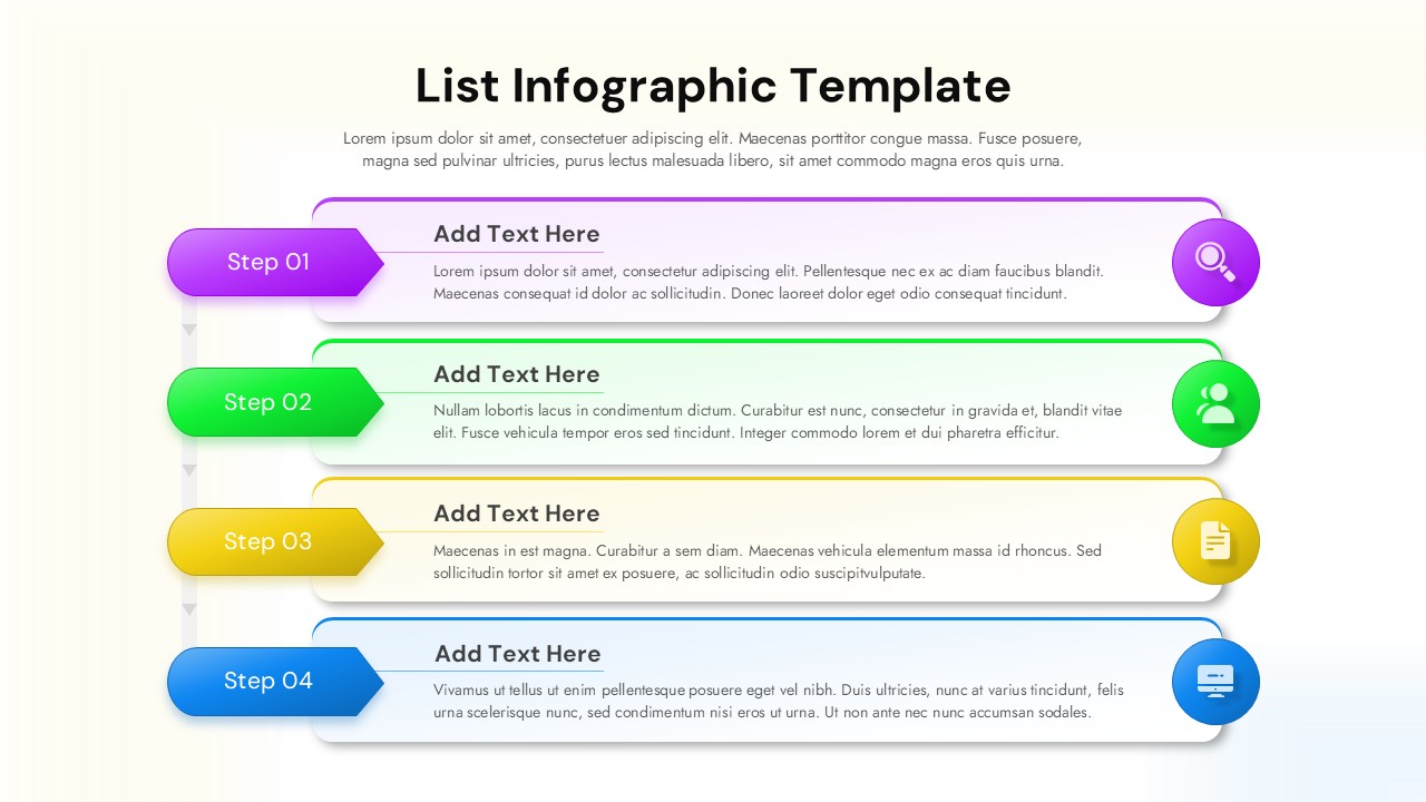 4-step list infographic template with colored icons on light background