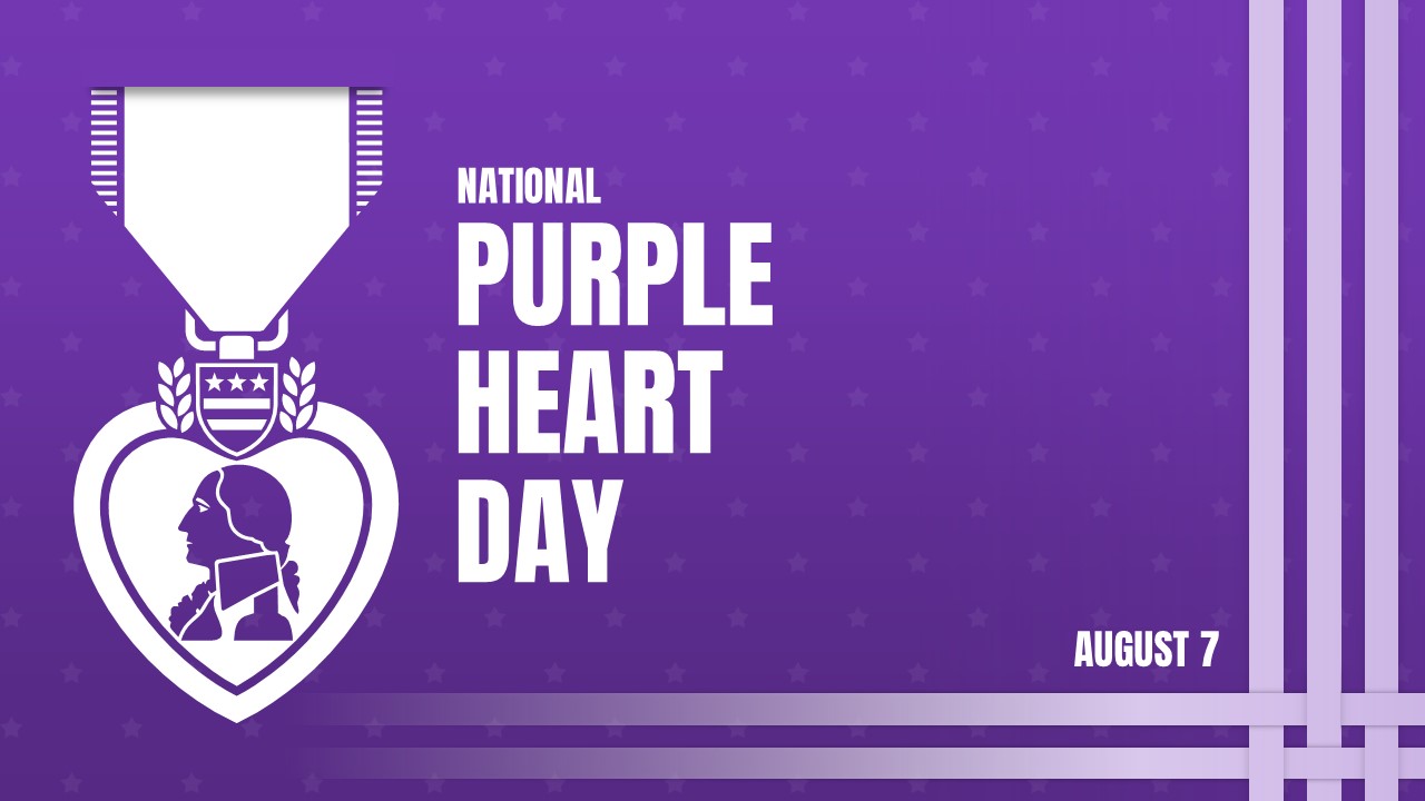 free National Purple Heart Day slide - Purple Heart medal illustration, bold white text, deep purple background, August 7 date