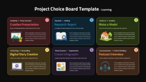 Dark mode project choice board Google Slides template with 6 color-coded cards for student project selection