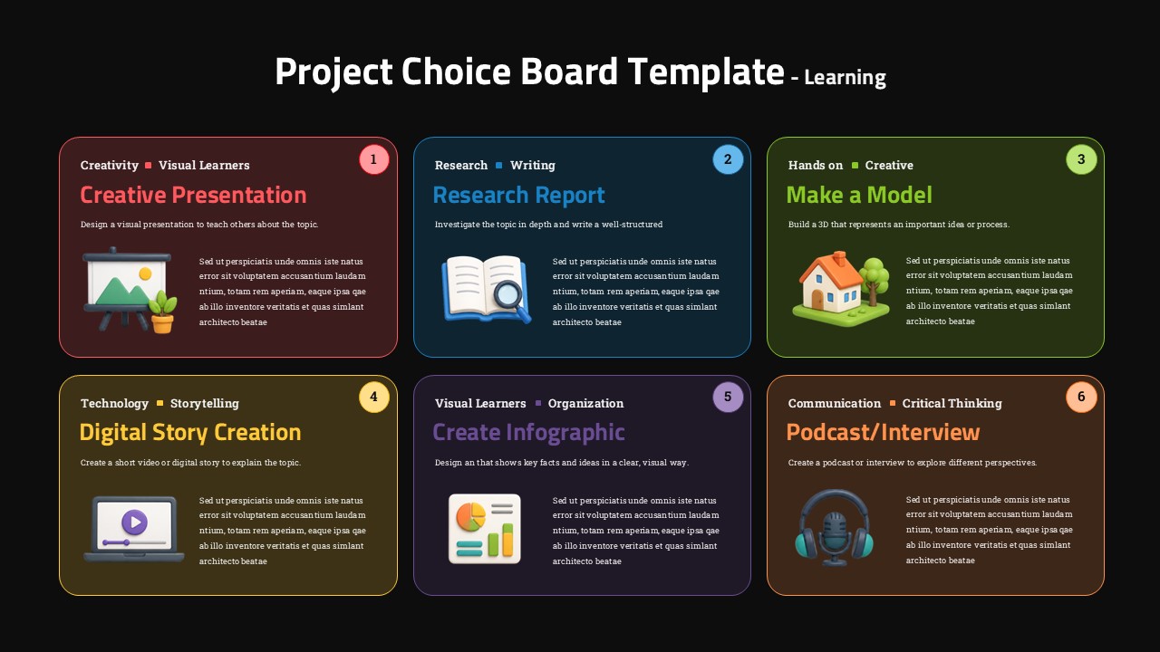 Dark mode project choice board Google Slides template with 6 color-coded cards for student project selection