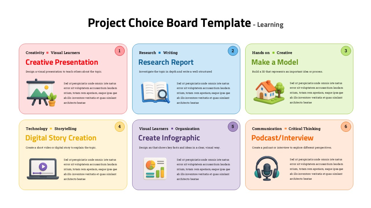 Project choice board PowerPoint template with 6 pastel color-coded cards for differentiated learning activities