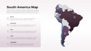 Light-theme South America map slide highlighting Brazil, Colombia, Peru, Chile, and Argentina with numbered markers.
