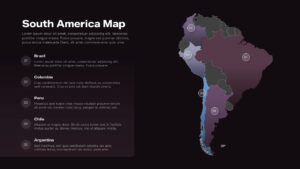 Dark-theme South America map slide with high-contrast country markers for Brazil, Colombia, Peru, Chile, and Argentina.