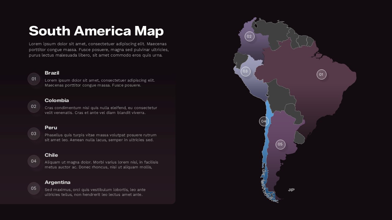 Dark-theme South America map slide with high-contrast country markers for Brazil, Colombia, Peru, Chile, and Argentina.