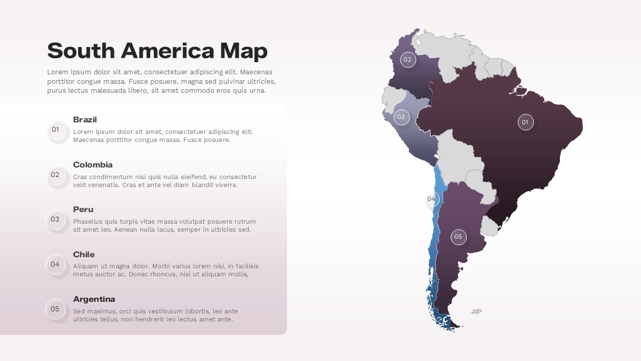 Light-theme South America map slide highlighting Brazil, Colombia, Peru, Chile, and Argentina with numbered markers.