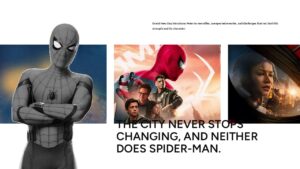Spider-Man cast showcase slide with three-column grayscale image gallery, editorial headline, and supporting text overlay.