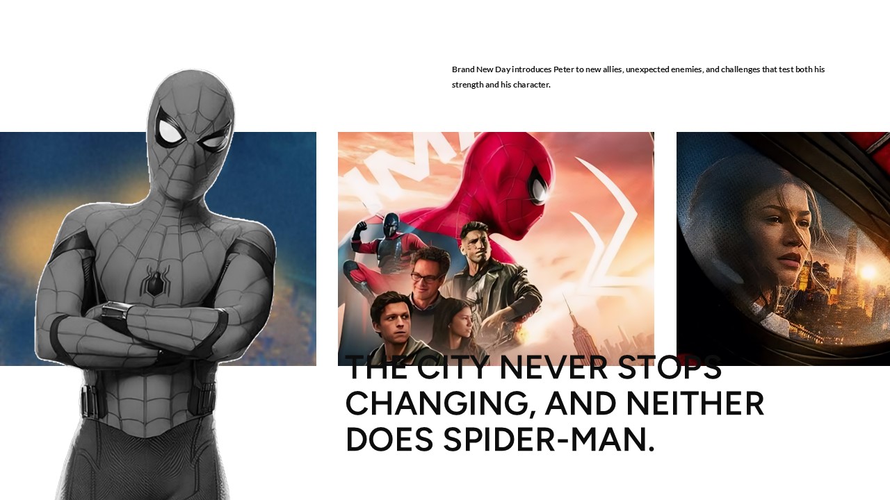 Spider-Man cast showcase slide with three-column grayscale image gallery, editorial headline, and supporting text overlay.