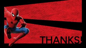 Spider-Man closing thank you slide with dark background, bold red diagonal design, action pose figure, and THANKS! text.