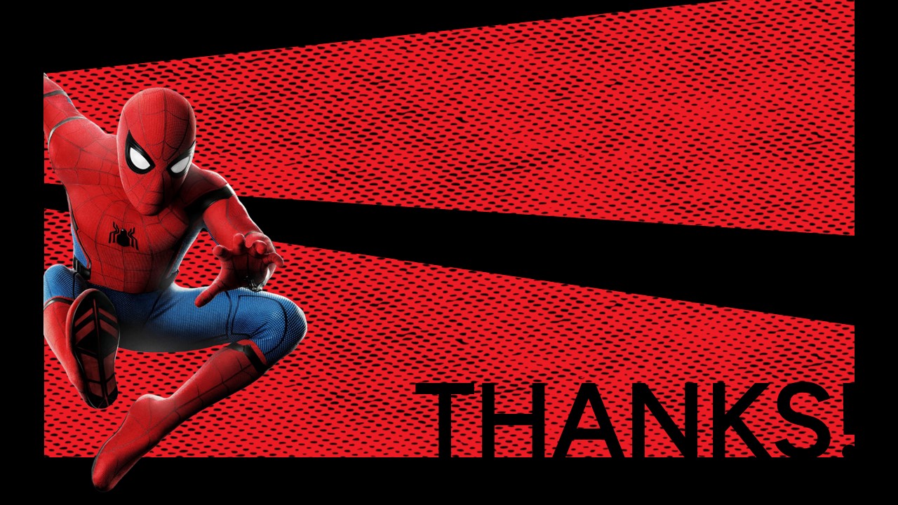 Spider-Man closing thank you slide with dark background, bold red diagonal design, action pose figure, and THANKS! text.