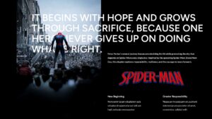 Spider-Man two-column feature slide with split layout, Spider-Man logo, editorial headline, and dual content sections.