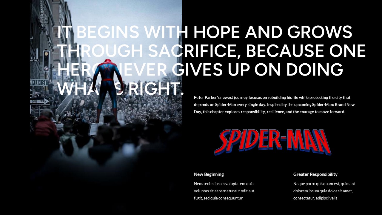 Spider-Man two-column feature slide with split layout, Spider-Man logo, editorial headline, and dual content sections.