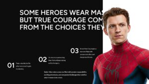Spider-Man numbered key points slide with dark background, three-step vertical list, and bold headline for structured content.
